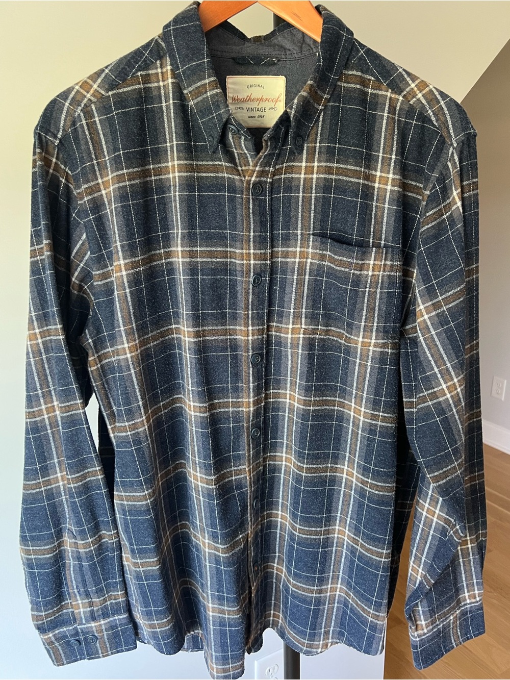 Weatherproof Vintage Men's Navy and Brown Plaid Button-Up Shirt, Size Large